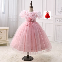 夏季兒童泡泡袖公主裙寶寶周歲禮服裙子亮片玫瑰花網紗女童連衣裙