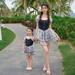 Parent-child Swimsuit Fashion Puff Sleeve Slim Belly Covering Skirt One-piece Swimsuit Female Princess Skirt One-piece Swimsuit for Children