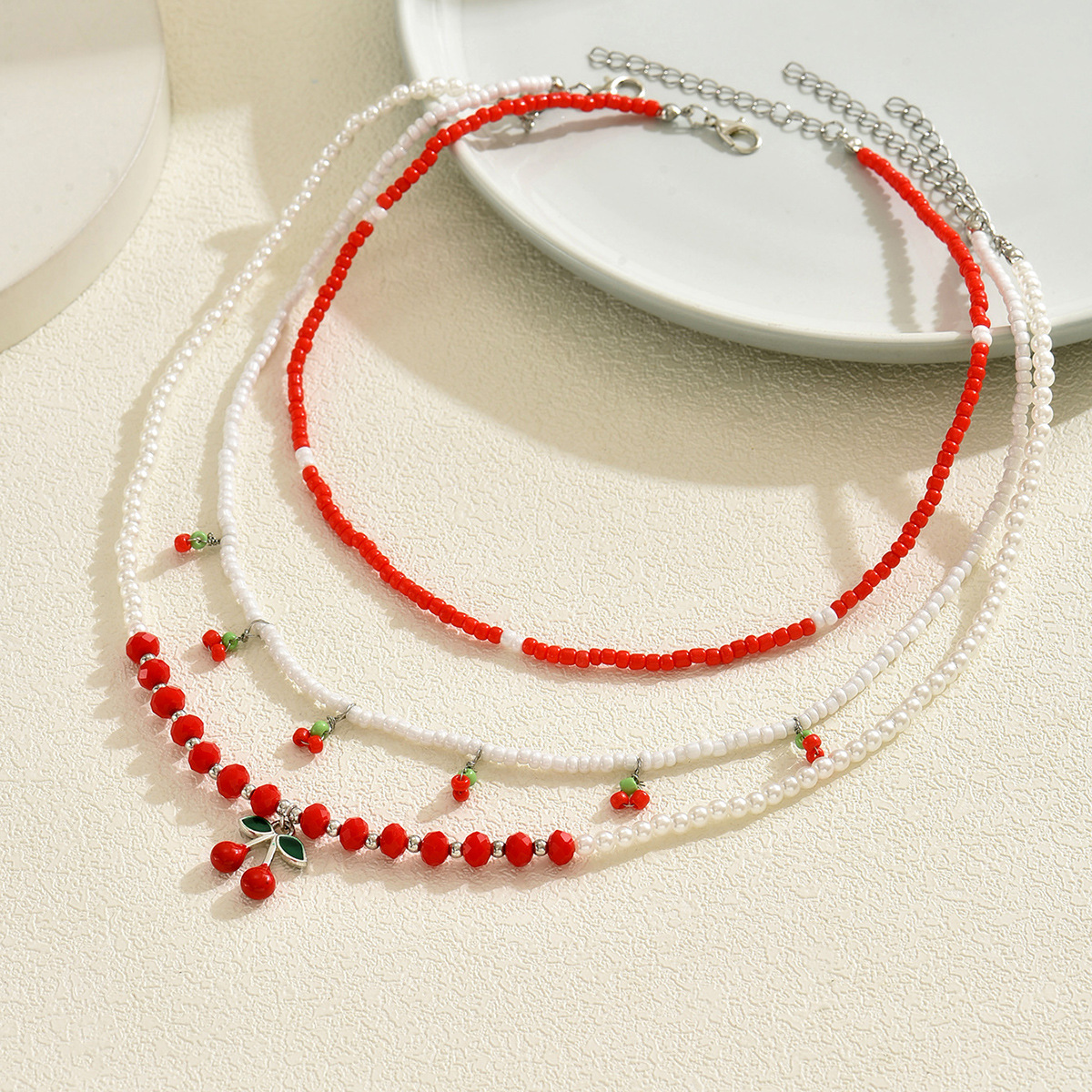 Fashion New Beautiful Cherry Set Multi-Layer Stacking Design Summer Fresh Rice Bead Chain Accessory_voghion.com
