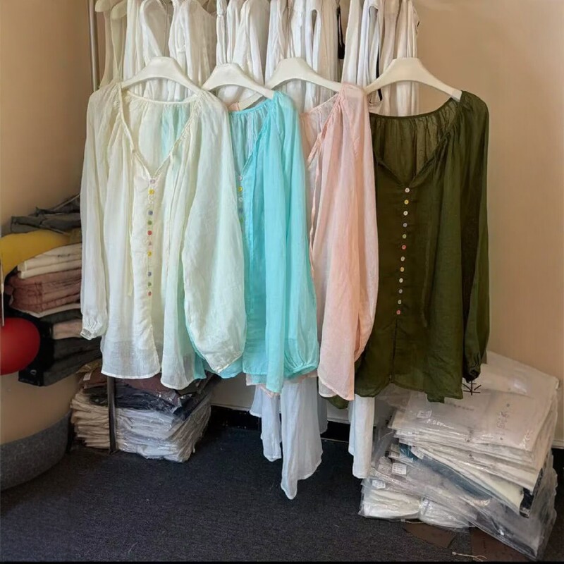 2026 Spring New Style Ramie V-Neck Long Sleeve Shirt for Women, Loose Cotton Linen Artistic Retro Colorful Button Cardigan Sun Protection Top