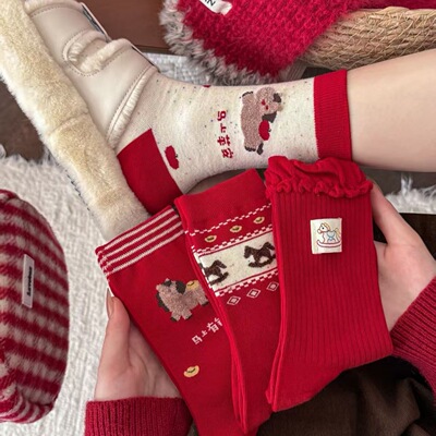 Красные рождественские носки Fair Isle "Заработай сейчас" Женские носки до середины бедра Новогодние большие красные носки Benming Nian