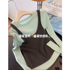 早秋氛围感穿搭胖mm大码显瘦拼接假两件针织衫女韩系修身长袖上衣