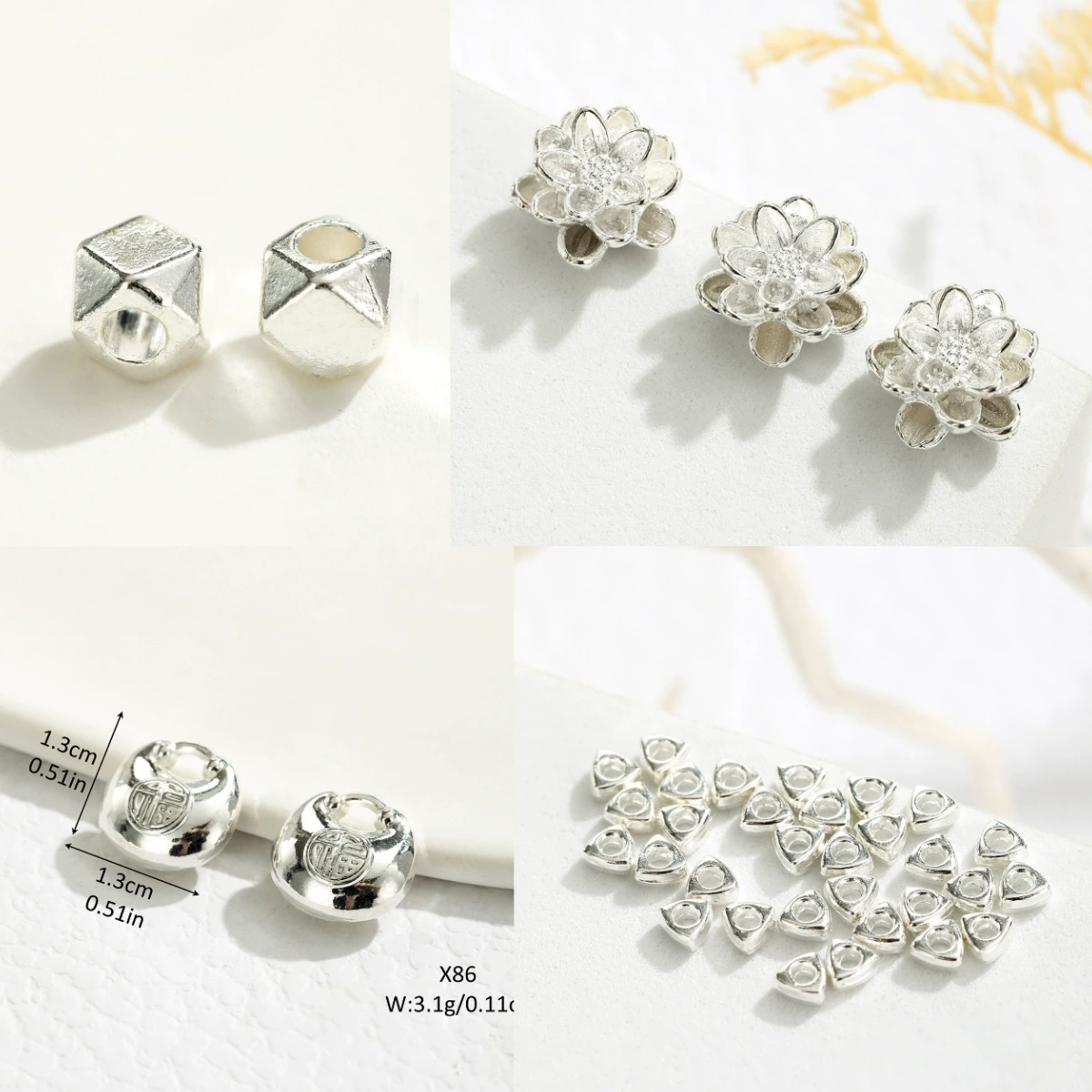 Сплав Лотос Лотос Lucky Bag Fu Lock Браслет Аксессуары Многогранный Геометрический Треугольный Сломанный Серебряный Разделитель Бусины Красная Веревка Материал Бисероплетения