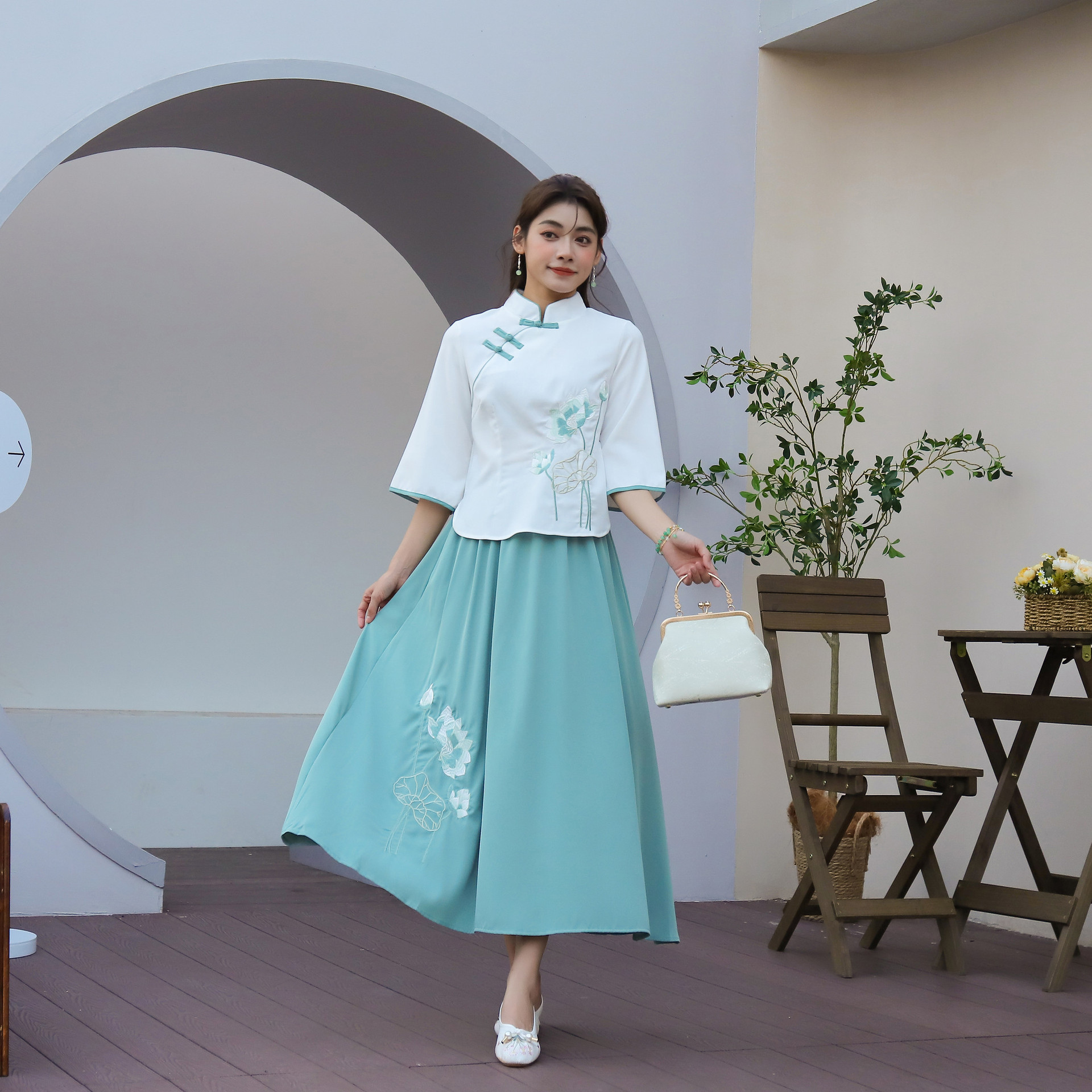 Lotus Embroidered Seven-Sleeve Top Chinese Style Suit Women's Tang Suit Retro Large Size Slimming Zen Tea Suit for Chubby Girls