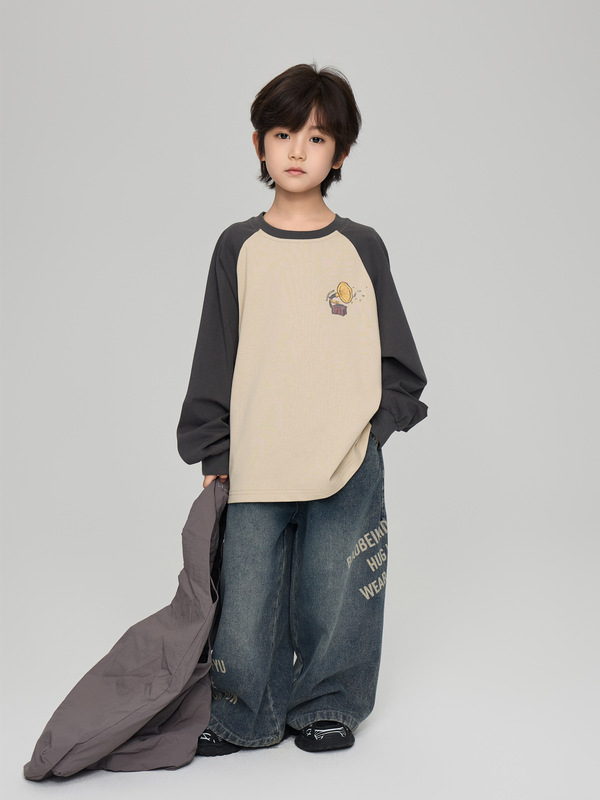 2025秋季新款儿童复古留声机数码印花打底衫男童美式插肩袖T恤潮|undefined