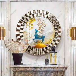 玄关装饰画独特圆镜框现代轻奢客厅简欧式走廊壁画动物麋鹿油画