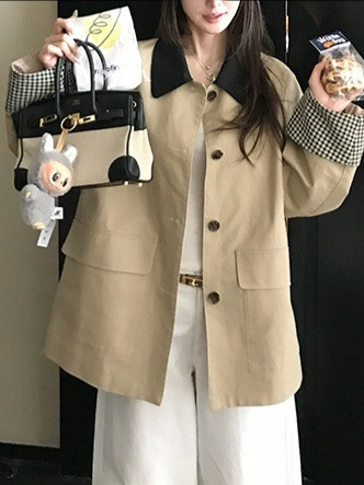 Skk Stoe 高智巴恩风 卡其色风衣撞色格纹拼接短款宽松外套女秋|undefined