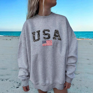 Cross-Border European and American Clothing Spring and Autumn Popular Loose Long-Sleeved Round Neck American Flag Printed Sweatshirt Large Size Pullover Sweatshirt