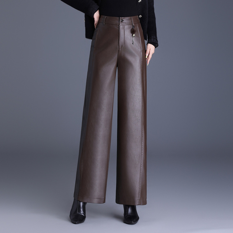 High-Waisted Leather Pants for Women, Autumn New Casual Dress Pants, Loose Slimming Narrow Wide-Leg Pants, Fashionable Pu Leather Straight-Leg Long Pants