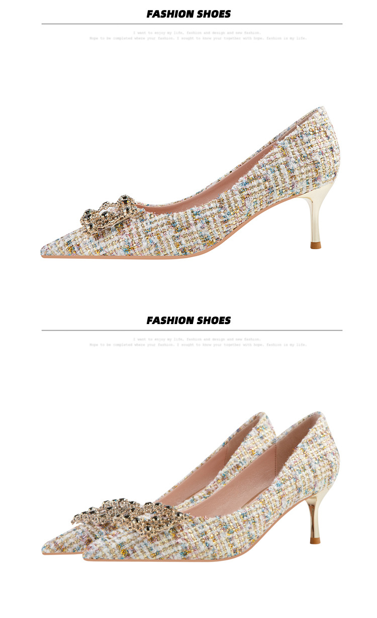Fashion sexy slim high heels slim heels High heels shallow-cut pointe sparkling rhinester buckle women's single shoes_voghion.com