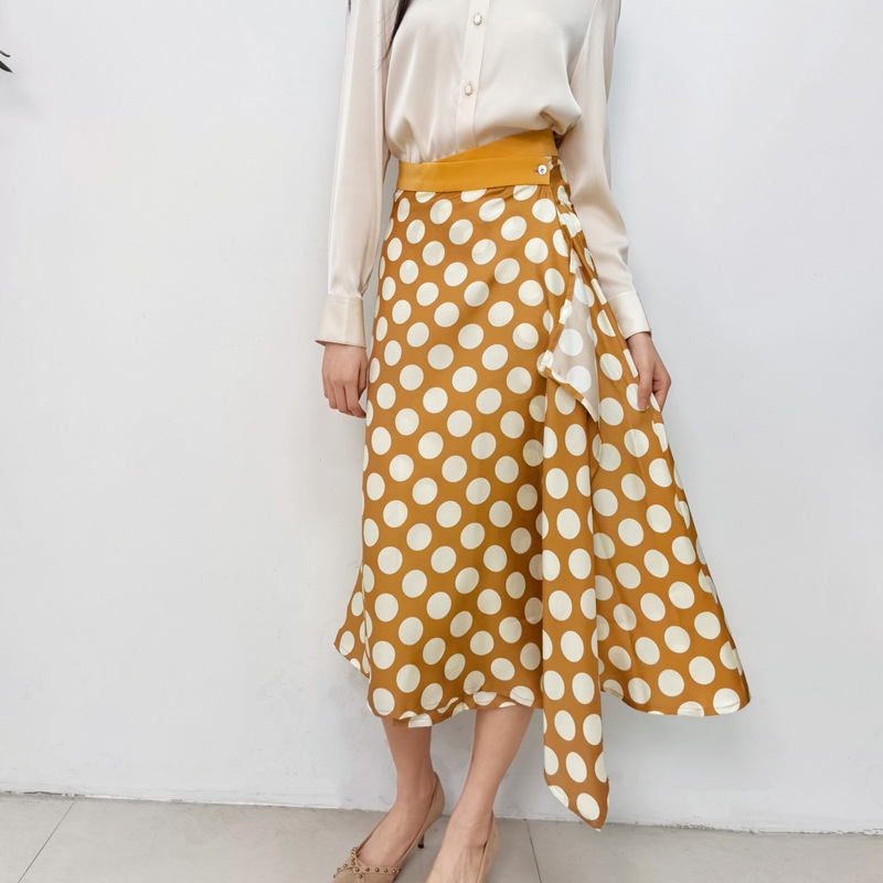 Special Offer: Commuter Polka Dot Printed Twill Silk Skirt, Asymmetrical One-Piece Mulberry Silk A-Line Skirt, Mid-Length Skirt
