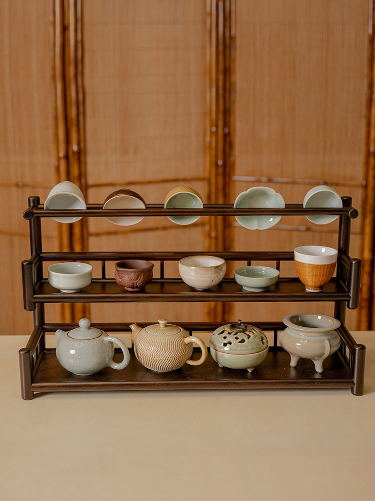 竹制置物茶壶架子双层沥水晾杯托器具收纳摆放茶室文玩小型博古架