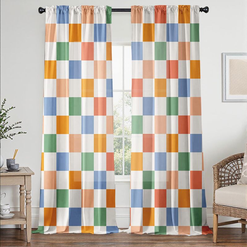 Cross-Border Foreign Trade Retro Farmhouse Style Colorful Checkerboard Digital Print Curtains Specially Designed for Bedrooms and Living Rooms, Wholesale from Manufacturers