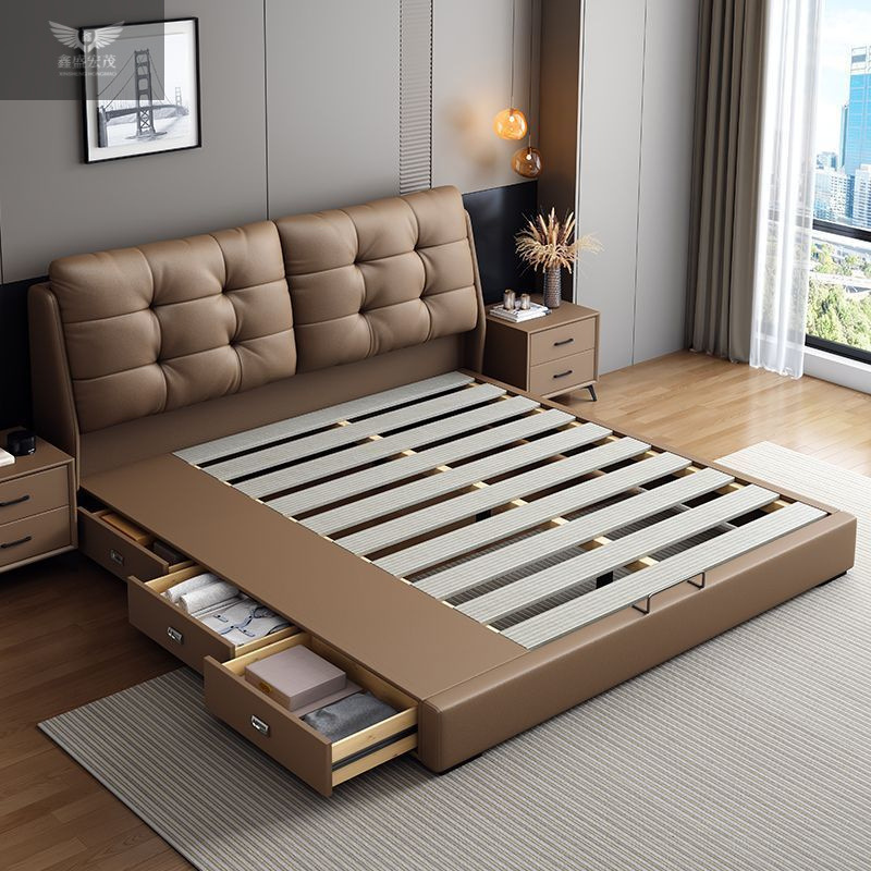 Dormitorio de lujo ligero de cuero Dormitorio principal simple moderno Cama de boda doble de 1,8 m Cama de cuero de nube de almacenamiento de cajón de 1,5 m