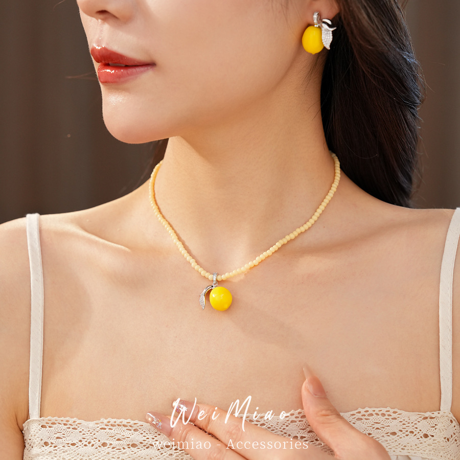 Collar de limón de resina de zircón con cuentas redondas lujo ligero nicho clavícula fresco conjunto de joyería de alta calidad mayorista