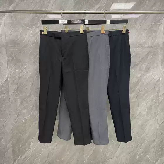 New Fall Solid Color Formal Trousers with Button Accents and Red White Blue Striped Trim, stylish Business Casual Pants from Factory Direct