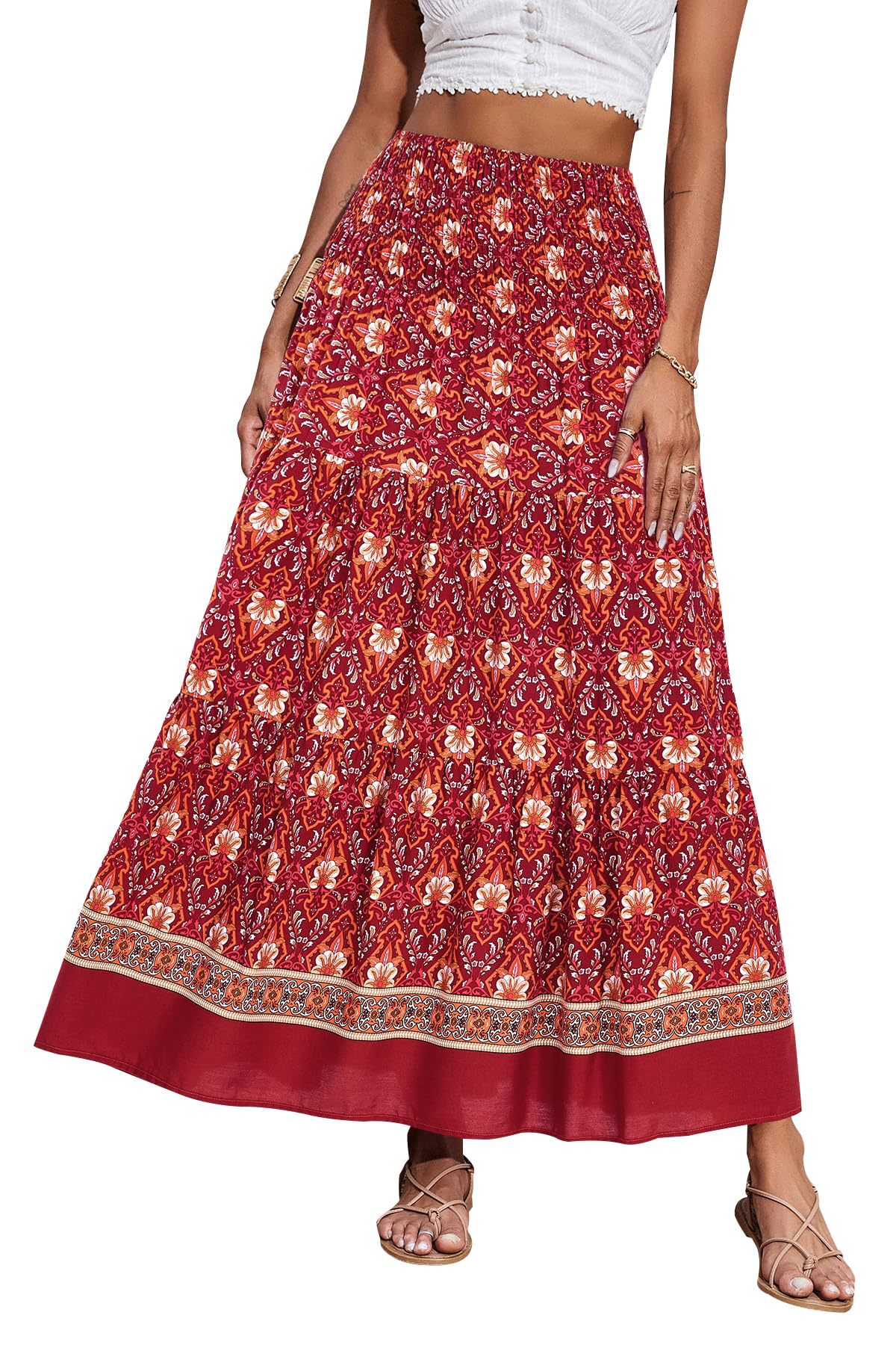 New European And American Printed Flared Bohemian Casual High-waisted Long Skirt, Beach Skirt For Women_ecoleips.com
