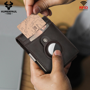Hummer Paul RFID first layer cowhide card bag with AirTag hole leather wallet men's crazy horse leather gold clip