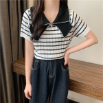 撞色气质条纹东南亚设计感蝴蝶结领针织衫泡泡袖短袖针织衫上衣女