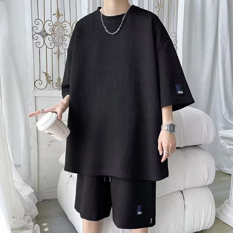 WM Casual suit Summer Thin Ice Silk Sports Short-sleeved T-shirt Shorts Men's Clothing Set Collocation Loose Trend