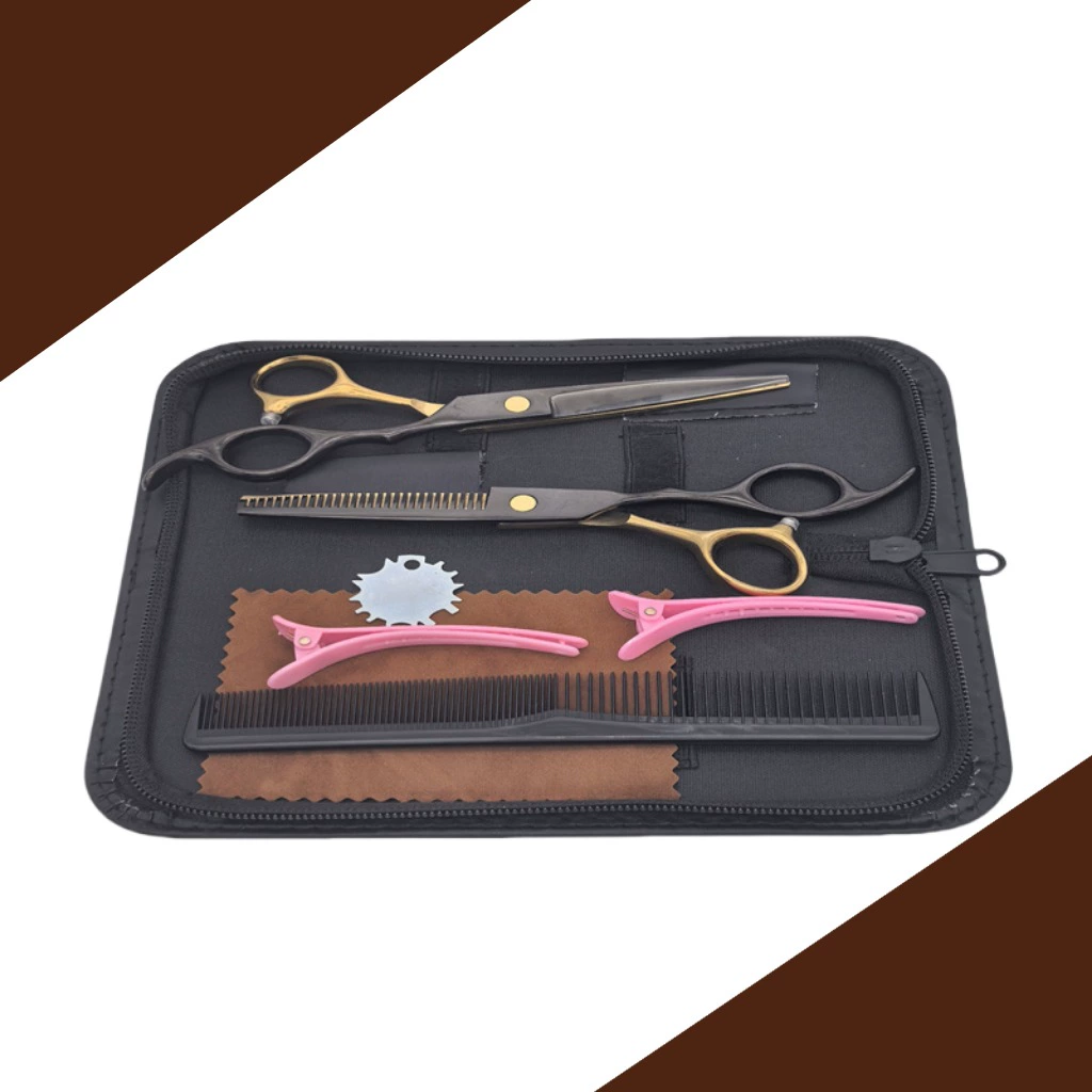 Набор парикмахерских ножниц черного и золотого цвета, включающий филировочные ножницы и прямые ножницы для стрижки, многофункциональные для удаления волос и укладки.