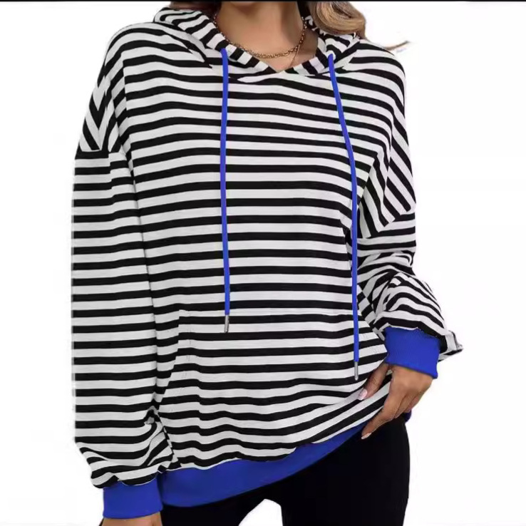 Autumn And Winter Printed Striped Hooded Color Block Pocket Sweatshirt_voghion.com