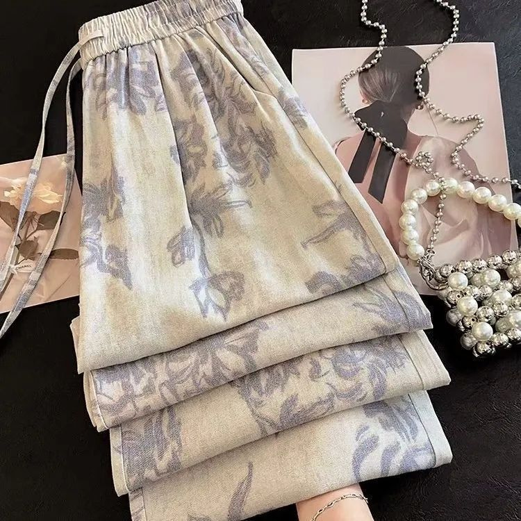 Vintage Printed Celadon Floral Cool Silk Wide-Leg Pants for Women, New Spring and Autumn Slim-Fit Casual Straight Pants, Trendy Cross-Border Wholesale Vintage Printed Celadon Floral Cool Silk Wide-Leg Pants for Women, New Spring and Autumn Slim-Fit Casual Straight Pants, Trendy Cross-Border Wholesale