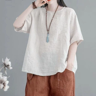文艺棉麻刺绣休闲女装夏季新款大码妈妈宽松简约短袖复古上衣T恤