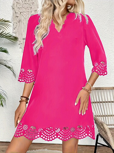 Elegant Women's Floral Lace Hollow Out Dress V Neck Cross-border