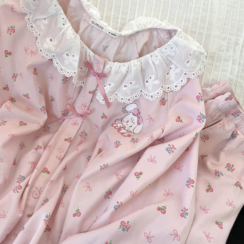 少女甜美小兔印花长袖睡衣女款春秋款新款大码家居服娃娃领两件套|undefined