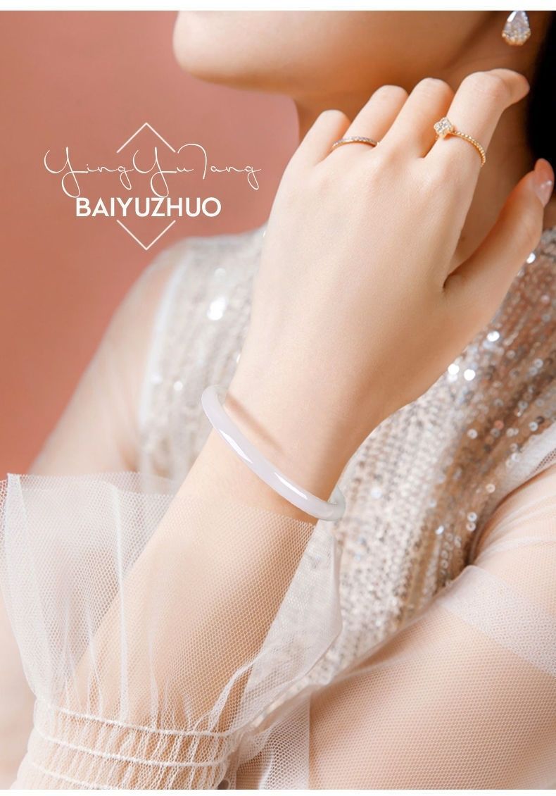 Vòng tay ngọc bích Tân Cương tự nhiên dạng Dingdong dải mỏng mỡ cừu — Vòng tay Dingdong khoảng 7mm để gửi giấy chứng nhận túi quà hộp quà chi tiết 24