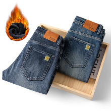 秋冬季加绒厚复古牛仔裤男士修身直筒弹力时尚休闲长裤子潮流男裤