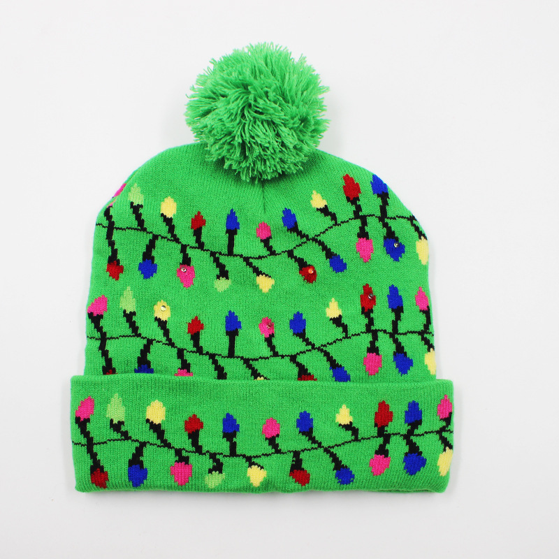 Fabricante transfronterizo de gorros navideños europeos y americanos tejidos en jacquard, gorros navideños de lana con luces LED, gorros navideños con pompón y bufandas. image 27