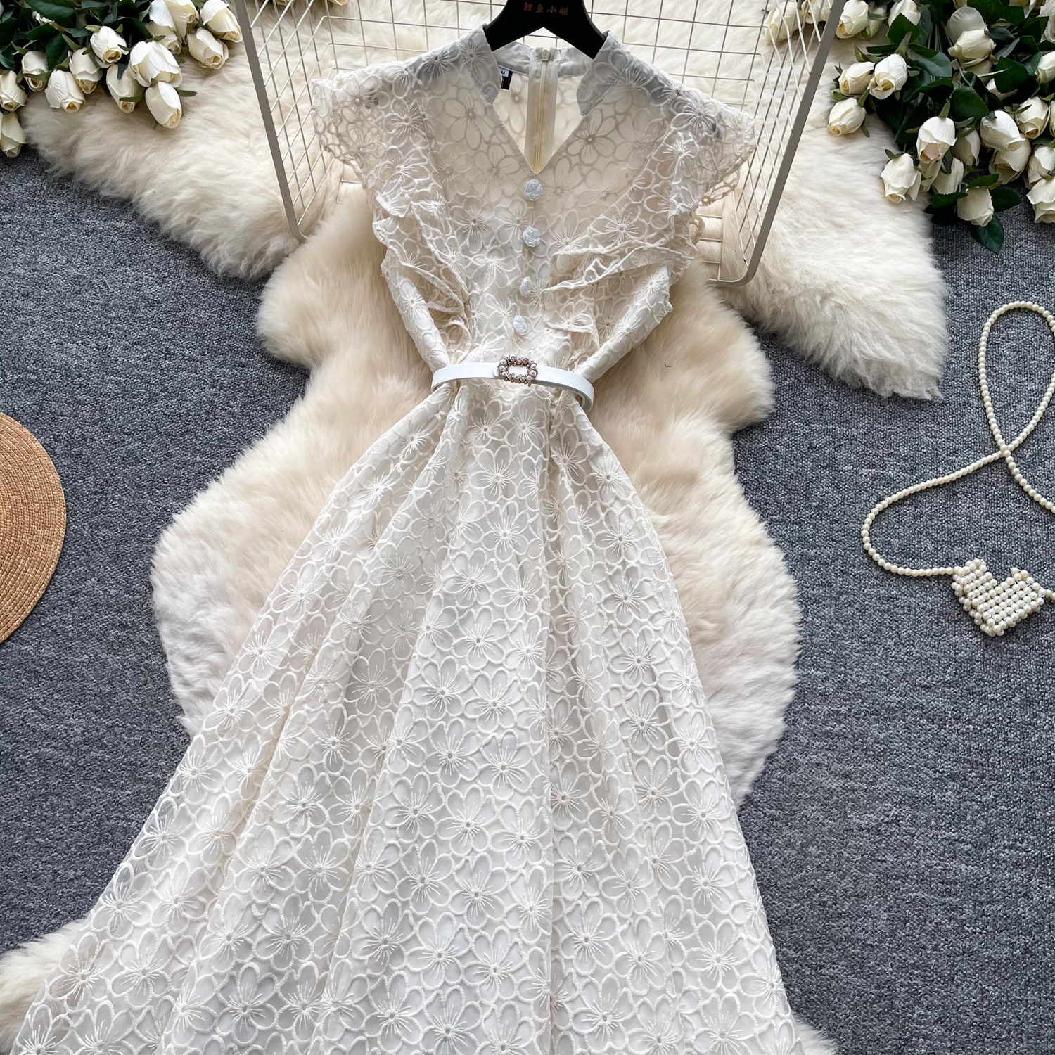 Elegant Lace A-Line Sundress For Women, High Waist Sleeveless Summer Maxi Dress_ecoleips.com
