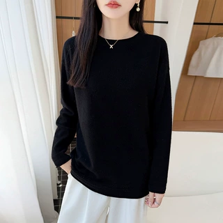 设计感100%澳洲纯羊毛衫女秋冬保暖圆领套头毛衣针织衫打底衫上衣