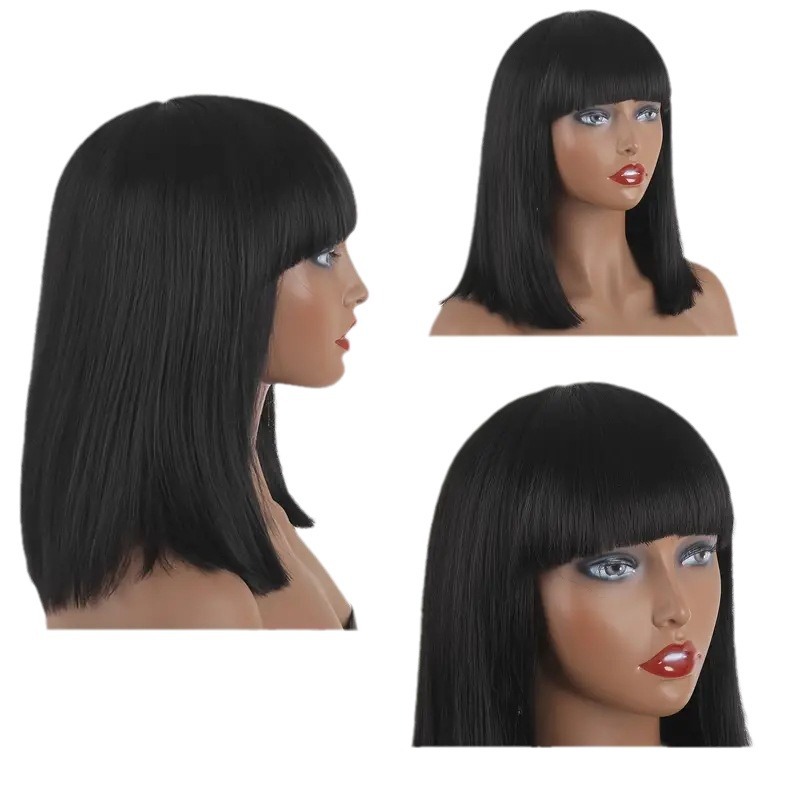European American Style Medium Length Bob Hair Wig Air Bangs Synthetic Hair Cut Wig_voghion.com