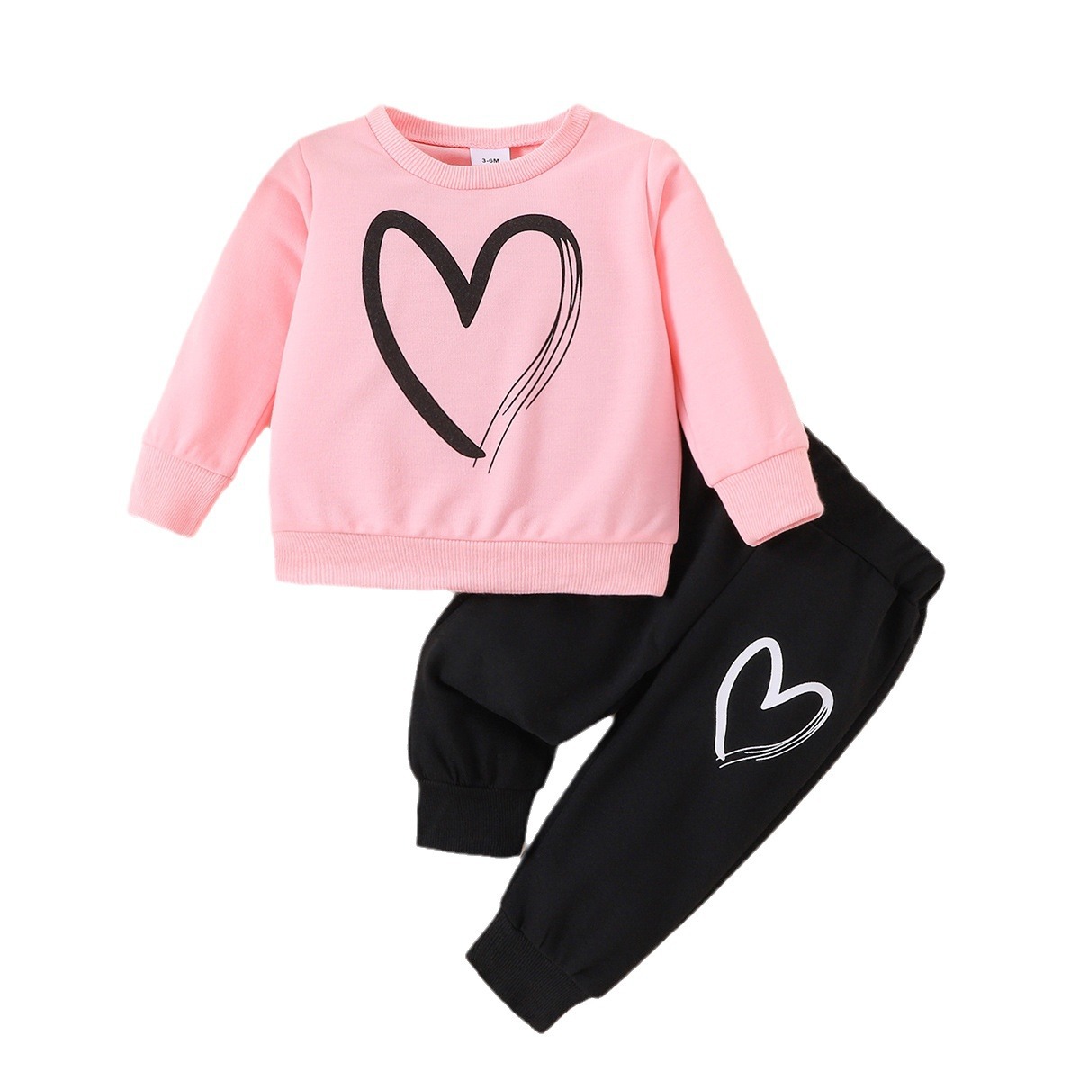 Kids Clothing New spring and autumn toddler girl pink round neck heart shaped print long sleeved top black trousers casual suit_voghion.com