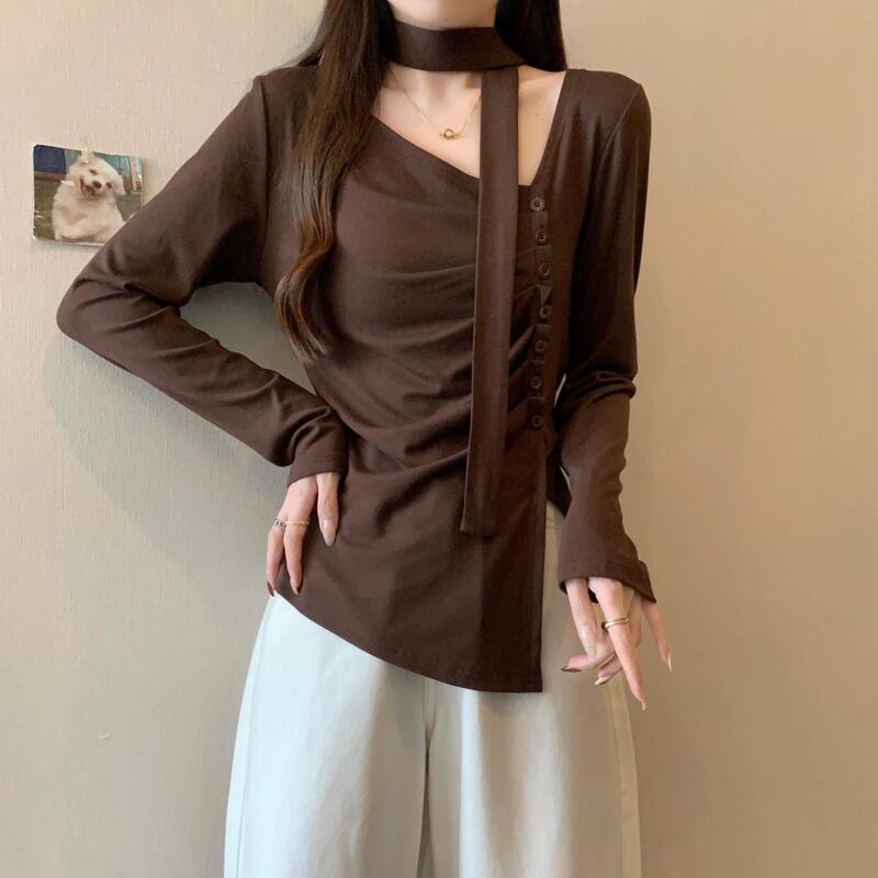 安可拉红V领正肩长袖T恤女秋大码胖mm不规则打底衫高级感挂脖上衣|undefined