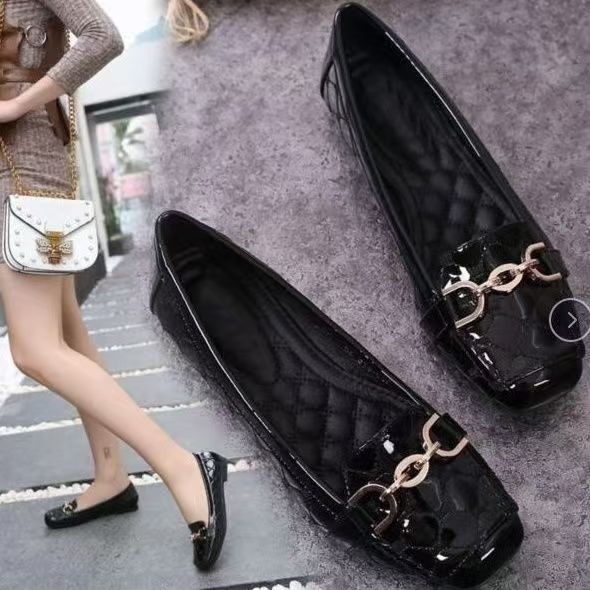 Otoño de zapatos de cuero único de mujer con suela plana, zapatos de cuero cuadrado, zapatos de cuero suave, zapatos de cocina, zapatos antideslizantes