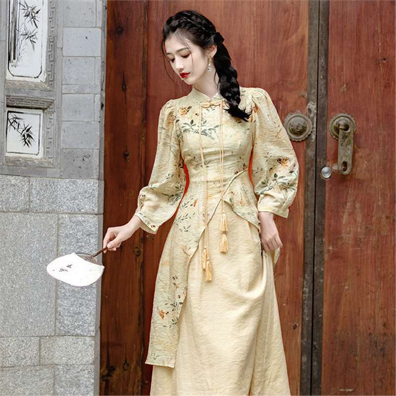 New Chinese-Style Buttoned Cheongsam Dress for Women, Spring and Autumn New National Style Retro Improved Version, Waist-Cinching Long Dress