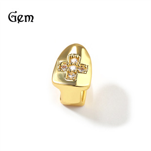 Gumeng new micro inlaid zircon cross single tooth gold braces European and American hip hop hipster gold teeth cool jewelry