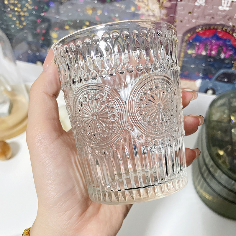 Light Luxury Vintage Sunflower Glass Water Cup High Color Value Embossed Cup Transparent Glass Drinking Cup Juice Drinking Cup