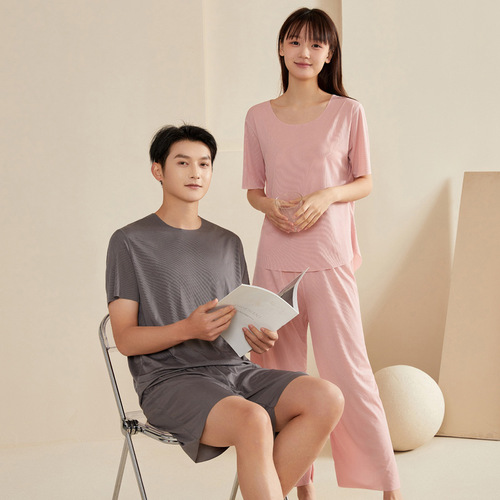 Men's Sleepwear Ice Silk Women's Style Summer Short Sleeve Long Pants Thin Couple Air Conditioning Clothes Youth Casual Home Set