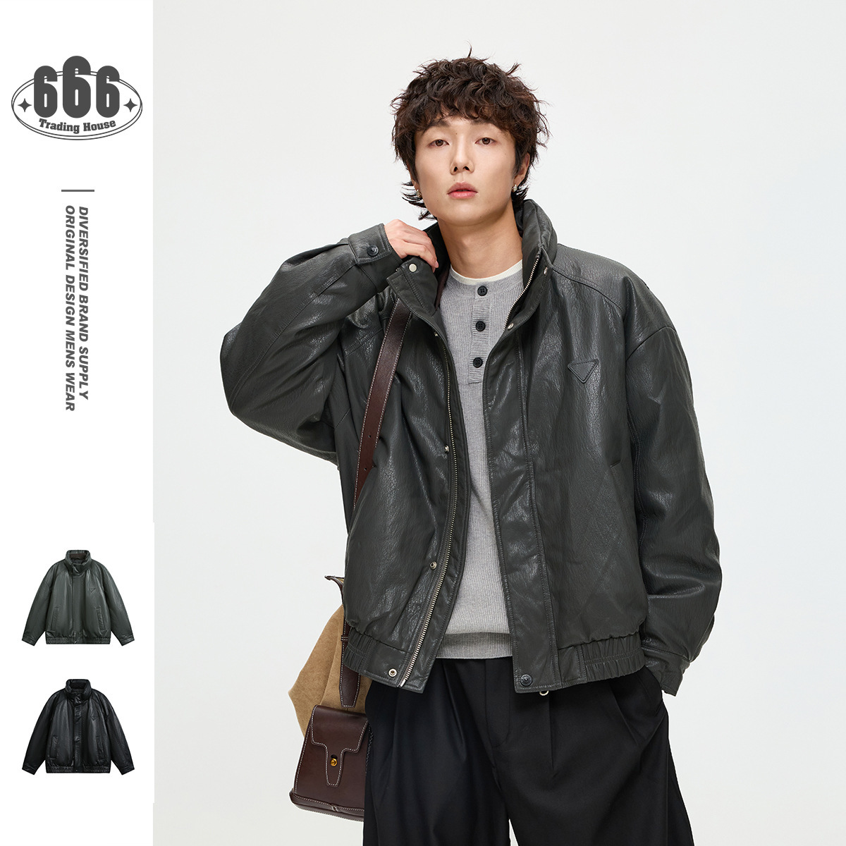 ANSWER ME冬季保暖pu皮羽绒服男痞帅黑色立领皮衣羽绒外套YR5879