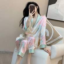 外贸仿真丝睡衣女春秋长袖冰丝开衫卡通轻奢直播睡衣家居服两件套