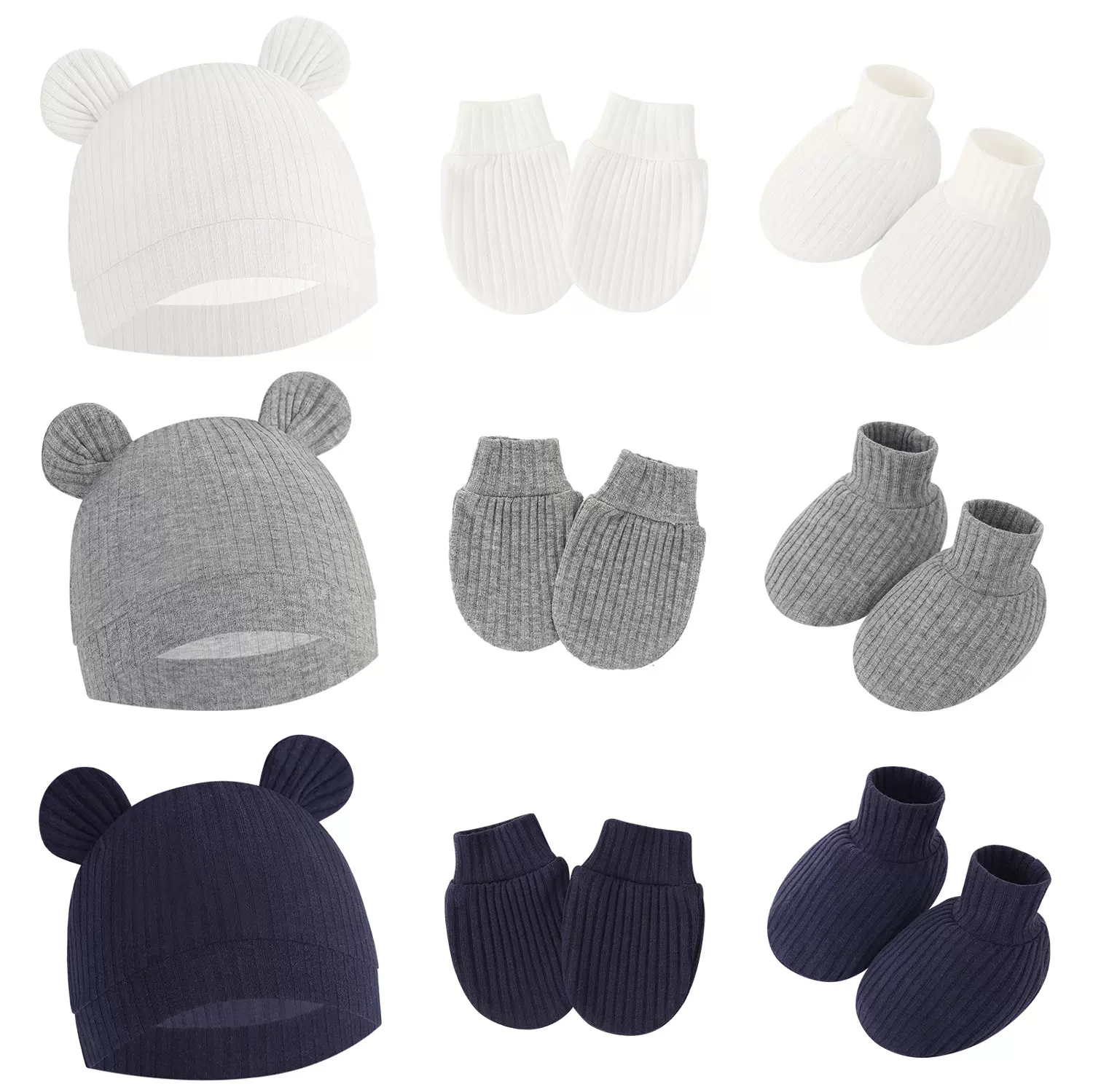 外贸欧美新生儿胎帽婴儿帽防抓脸手套脚套坑条三件套帽子