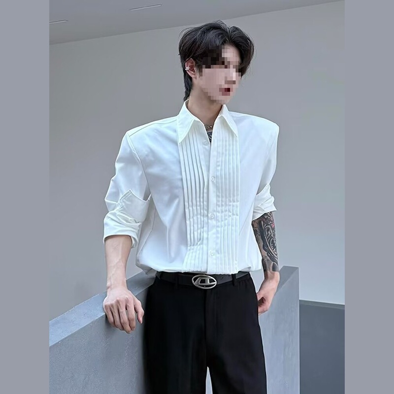 French Dress Wing Collar Bottoming Shirt Men's Business Banquet White Shirt Korean Style Pleated Design Top