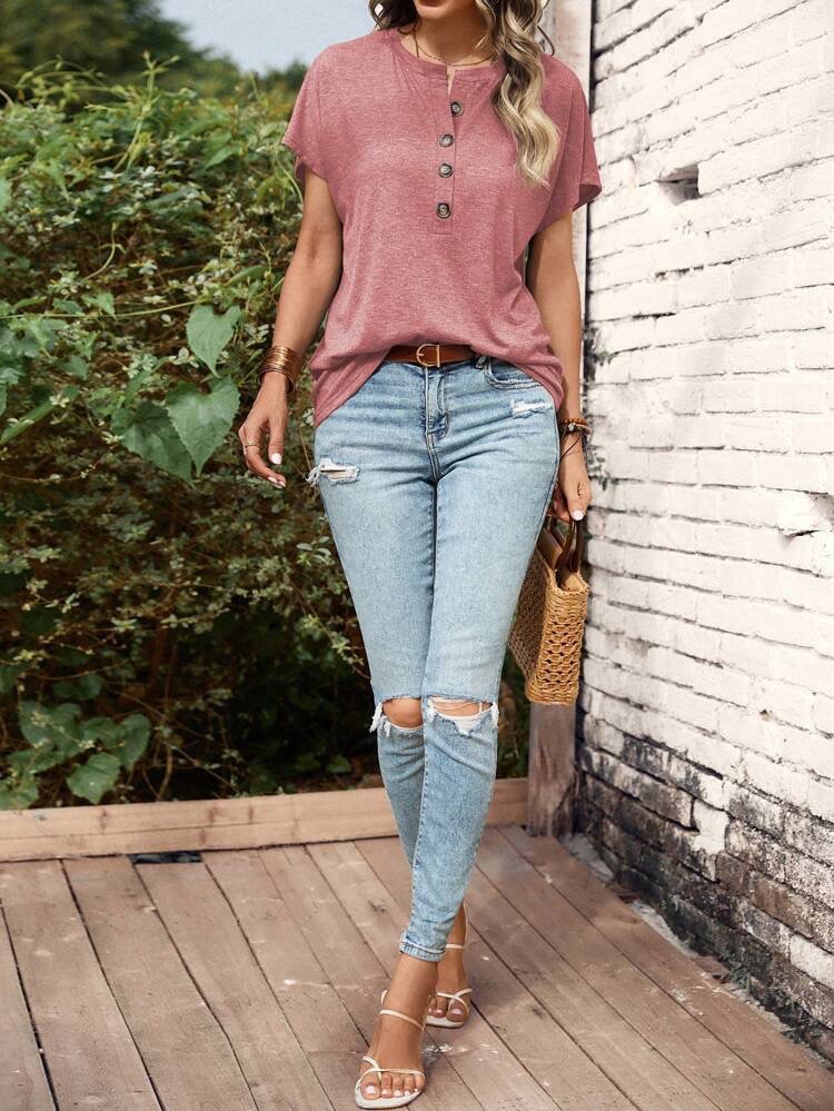 T-shirt basic da donna a tinta unita, a maniche corte, casual, con bottoni, ideale per la primavera e l'estate._voghion.com