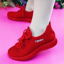 春秋新款老北京妈妈鞋女厚底飞织健步鞋超轻软底网面圆头小红鞋