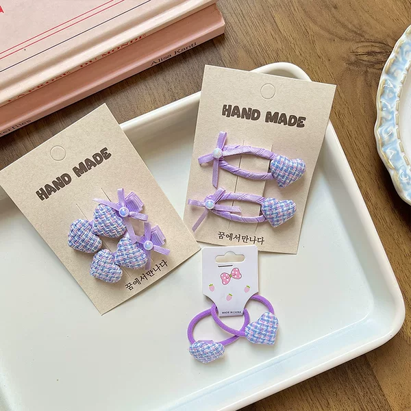 Purple Korean Style Fabric Hair Accessories, Sweet and Good-Looking, Versatile Hairpins and Hair Ropes for Girls, Cute Plaid Heart Hair Accessories